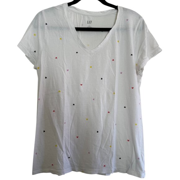 GAP White V-Neck Sprinkles of Rainbow Hearts Short Sleeve Favorite T-Shirt-Large - Picture 1 of 4